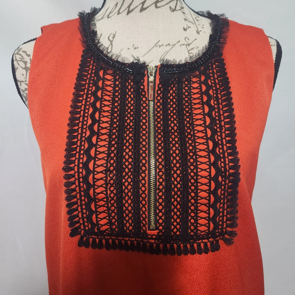 Elise Orange W Black Lace Sleeveless Shift Dress Gold Zipper Accent. Size Large